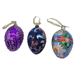 Cloisonne Style Christmas Ornaments Easter Egg Shape Set 3 Large Glitter Ornate